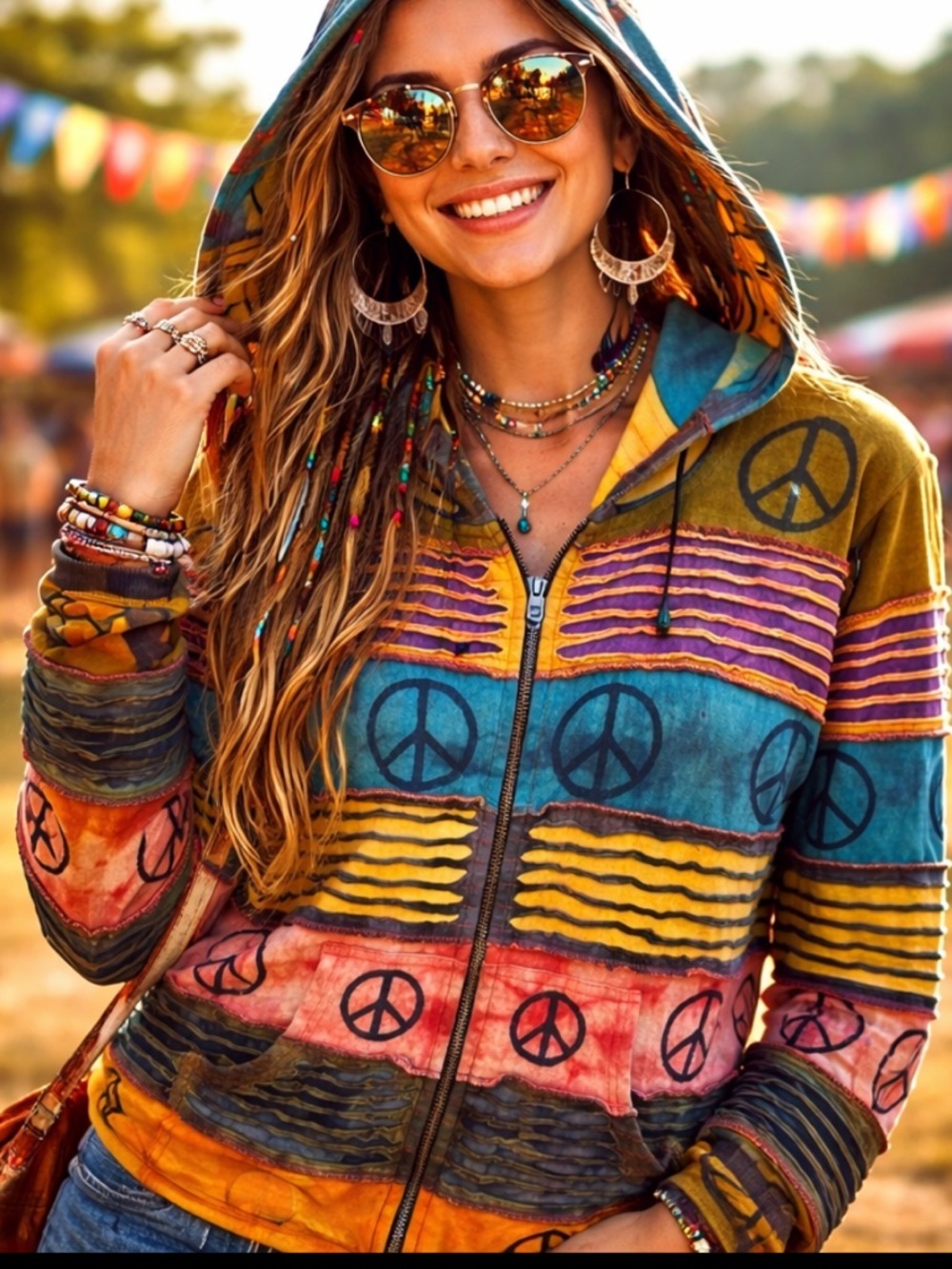Hippie Boho Festival Peace Sign Patchwork Free Spirit Multicolor Zip Hoodie M